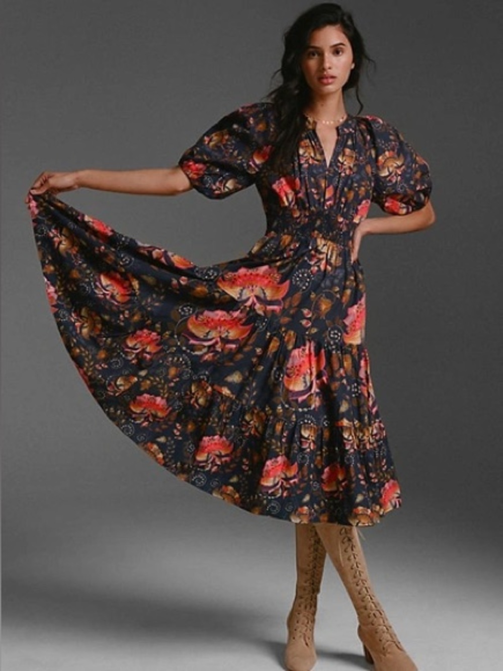 Anthropologie Navy Midi Dress with Coral and Mustard Floral